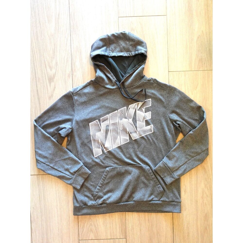 Nike Hoodie Sweatshirt Mens Large Therma Fit Big Logo Gray Spellout Sports Gym